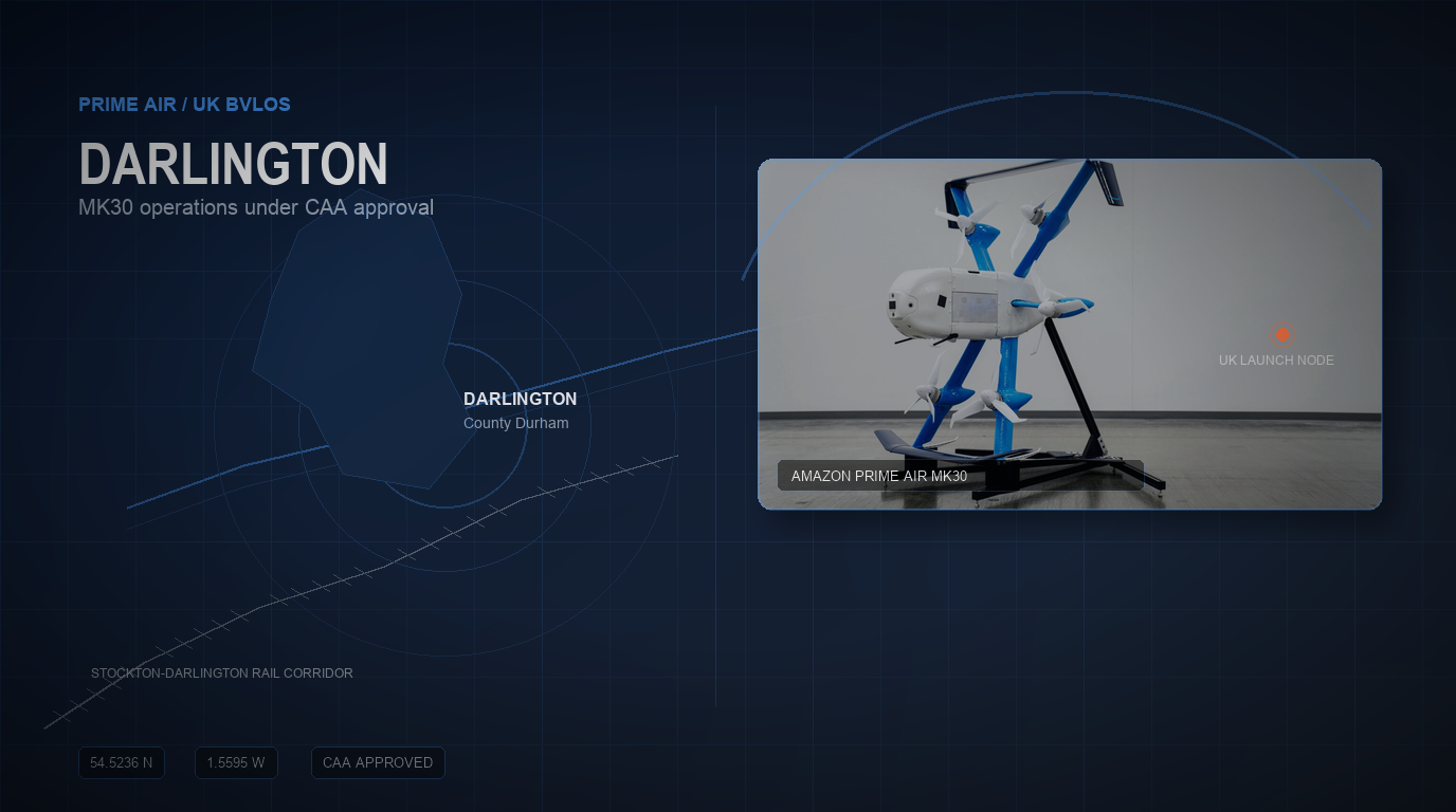 Amazon Prime Air MK30 drone over a Darlington, County Durham operations-map graphic