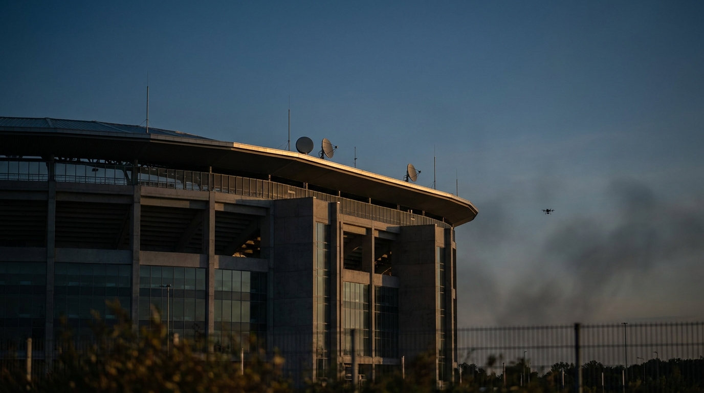 Counter-UAS radar and RF sensor coverage over a stadium perimeter at dusk with a small unmanned aircraft visible in the distance