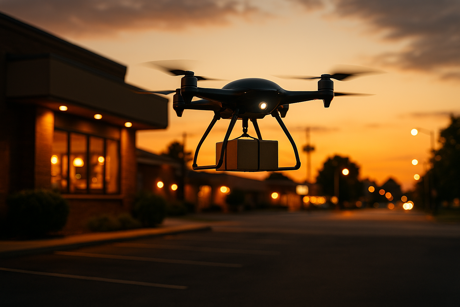 A sleek autonomous delivery drone lifting off from a suburban restaurant parking lot at dusk with a small package secured beneath it, city lights beginning to glow in the background under a clear evening sky