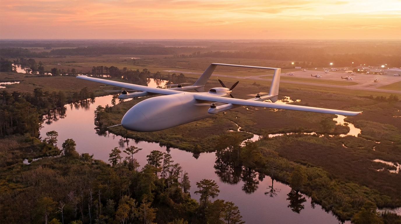 Text-free editorial illustration of a hybrid-electric cargo VTOL aircraft in cruise over Gulf Coast marshland at dusk