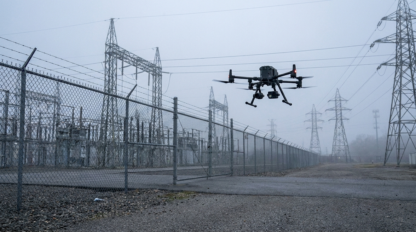 Commercial inspection drone holding position at a distance from a fenced electrical substation and industrial facility under an overcast morning sky, with transmission towers receding into the background