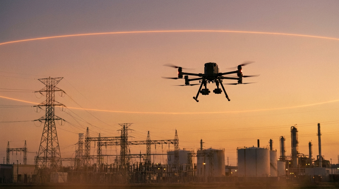 Commercial inspection drone hovering at a safe distance from an electrical power substation and chemical plant at dusk, with high-voltage transmission towers in the background