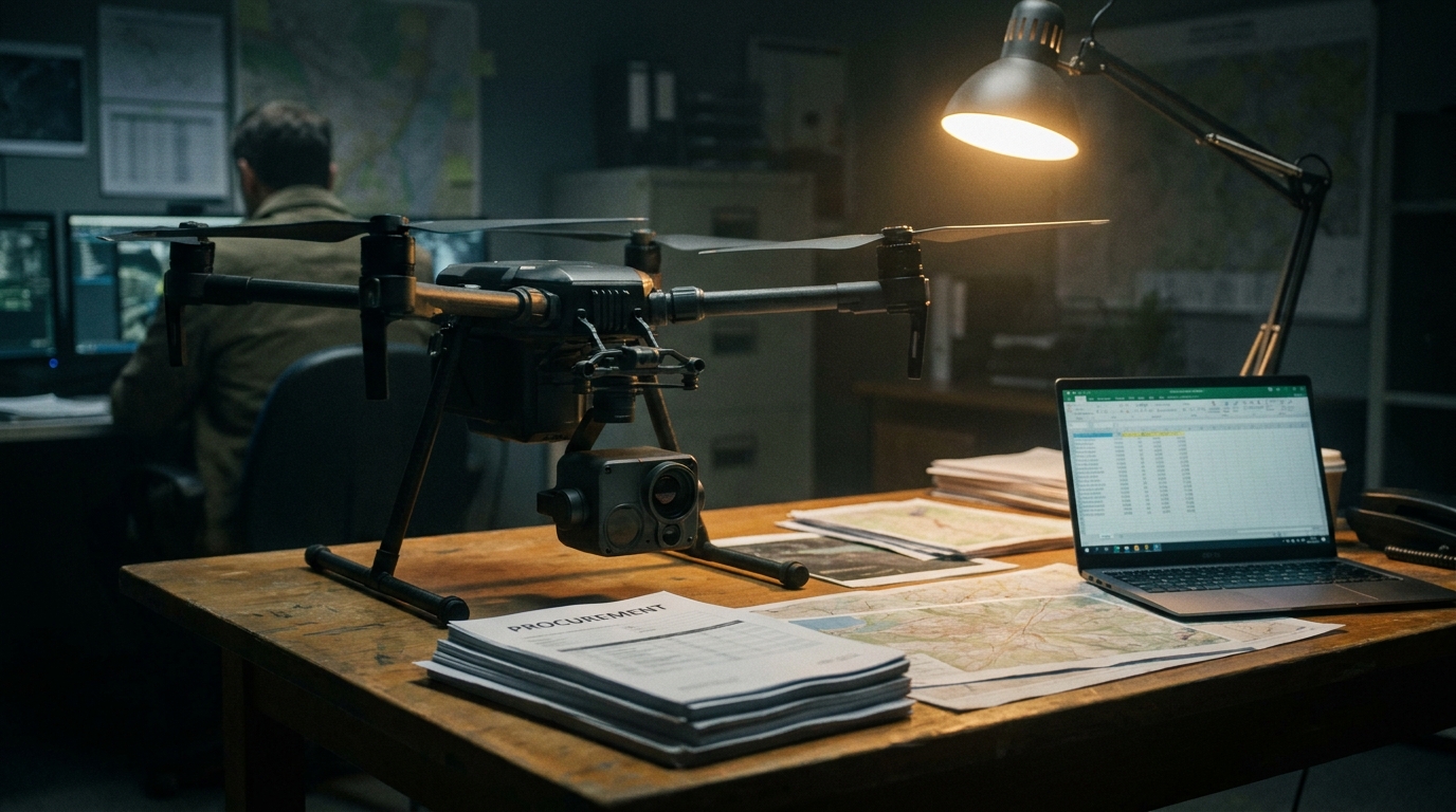 A commercial quadcopter with a thermal sensor payload on a planning table beside procurement paperwork and a laptop in a dim operations office