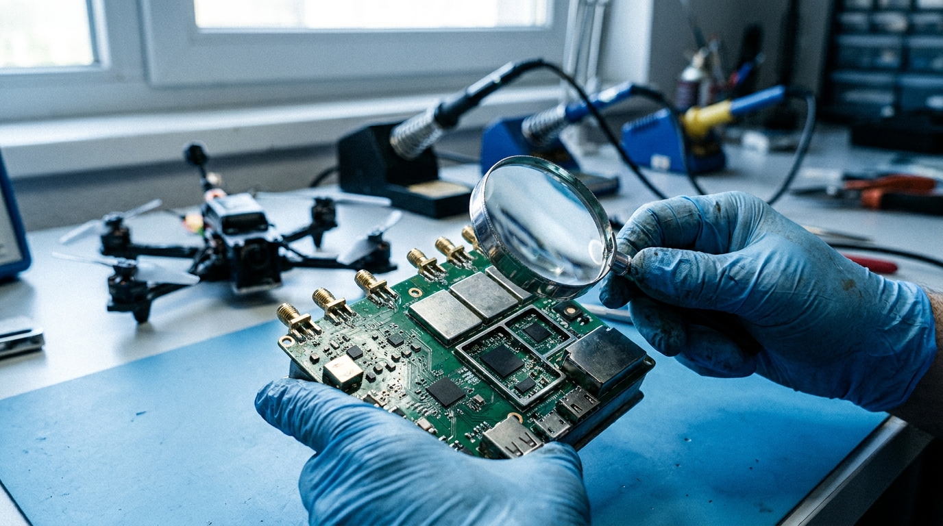 An engineer's gloved hands inspecting the exposed circuit board of a commercial drone ground control radio under bright bench lighting, components and antenna connectors visible in sharp detail
