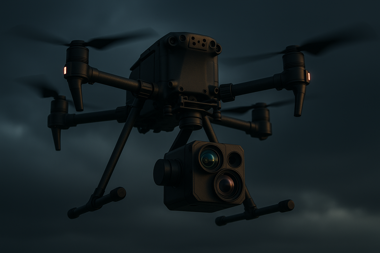 A commercial inspection drone carrying a gimballed thermal and LiDAR sensor payload hovering against an overcast sky, sensor pod and lens array visible in sharp detail