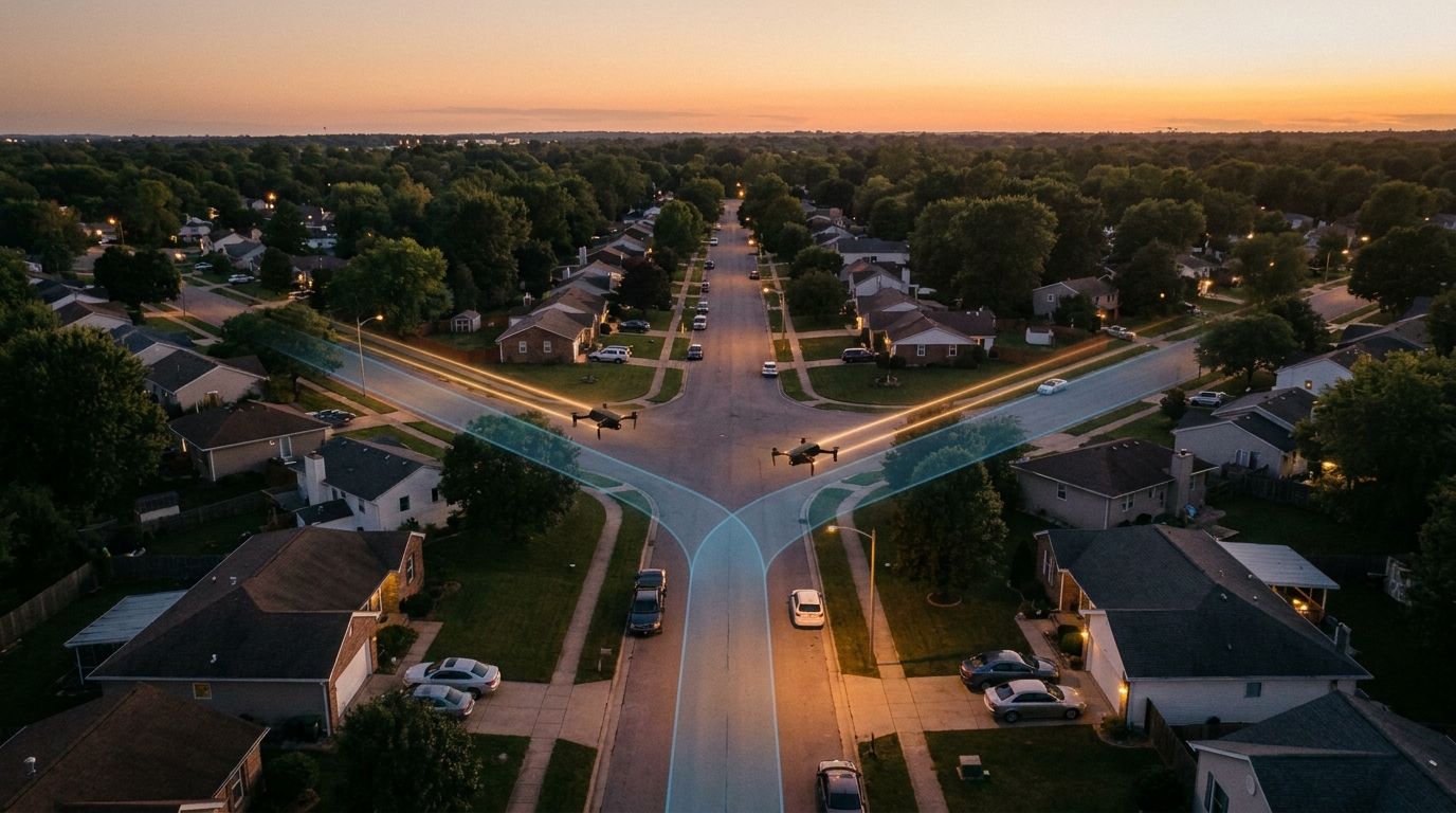 Two commercial delivery drones flying converging paths over a suburban Texas neighborhood at dusk, with faint route corridors visualized in the sky