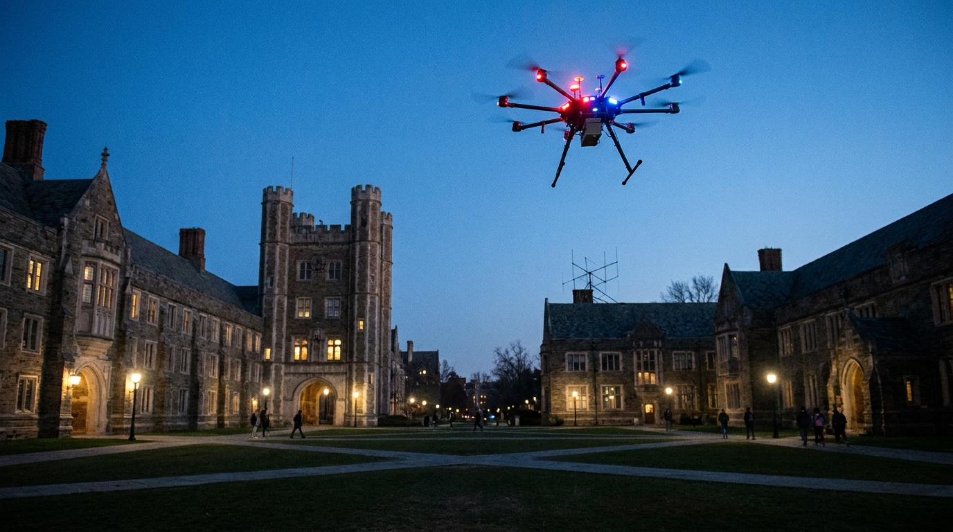 Autonomous public safety drone hovering above a university campus quad at dusk with stone buildings and warm window lights below