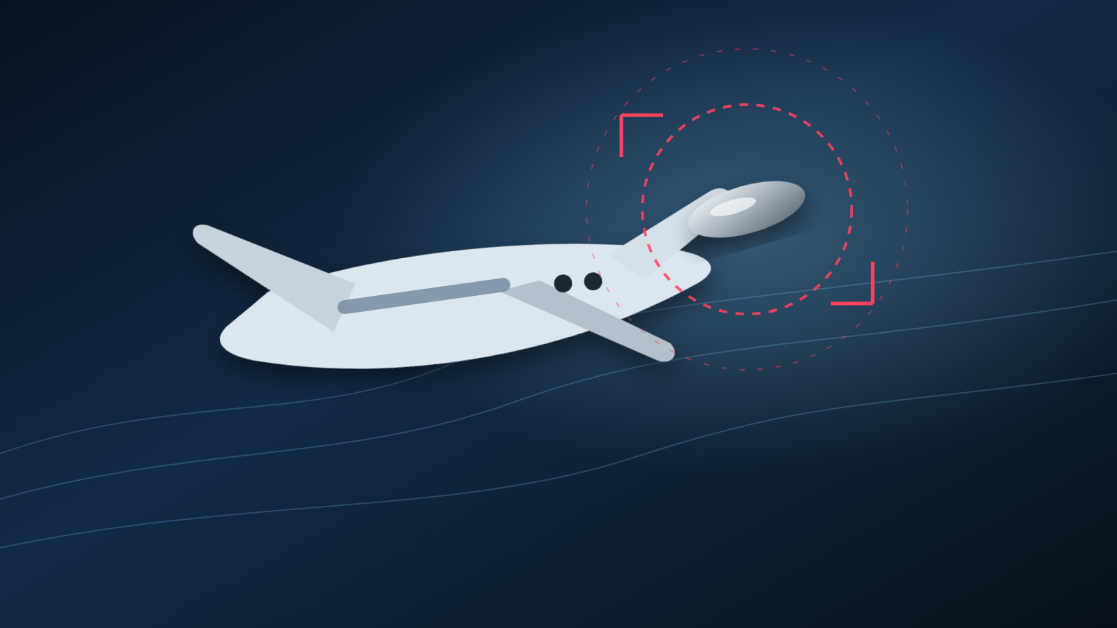 UAVHQ editorial graphic of a business jet climbing through twilight airspace while an unidentified silver object passes nearby inside a red detection envelope