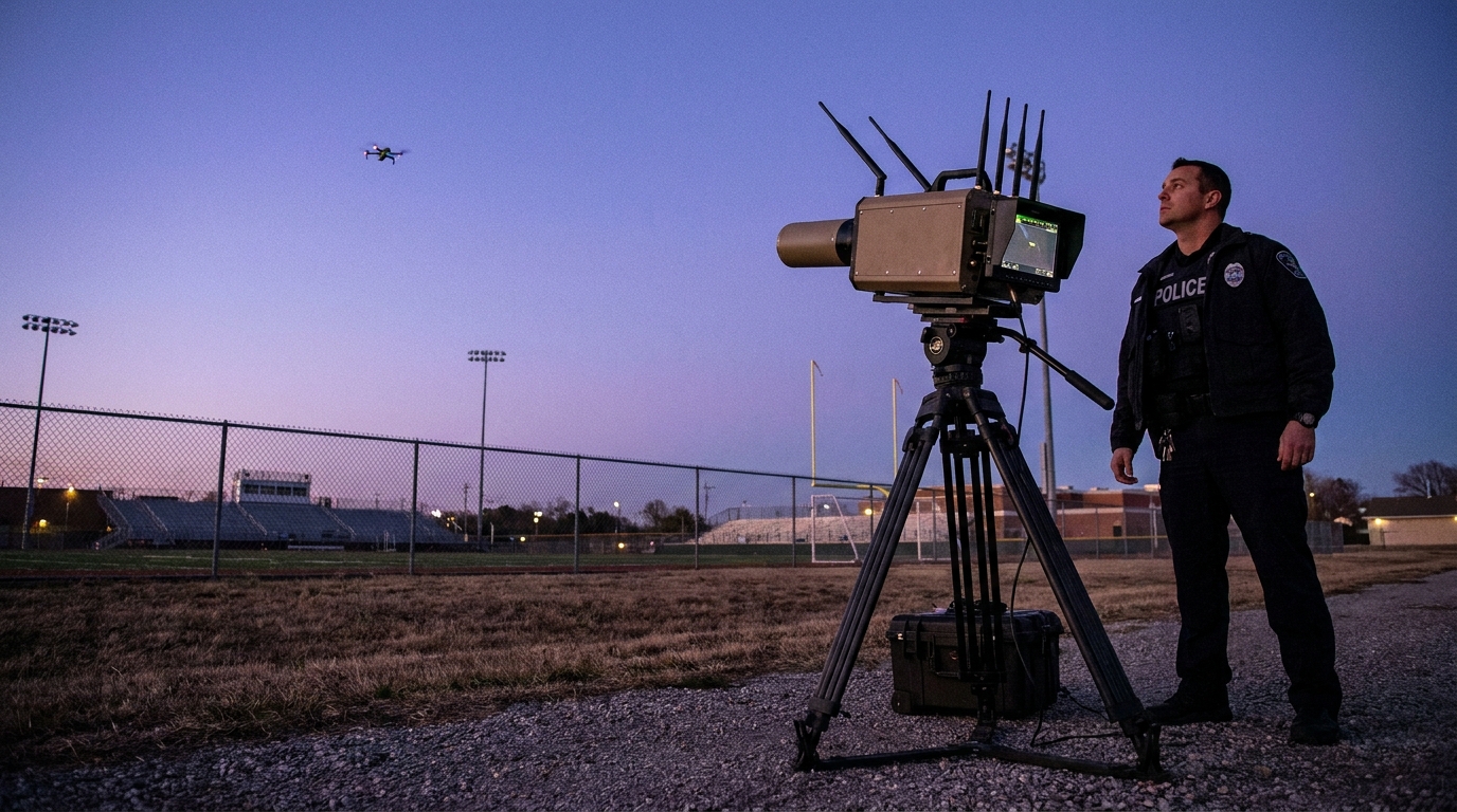 A police-operated counter-drone detection unit on a tripod scanning the sky near a fenced facility at dusk, with a small commercial quadcopter holding position in the distance