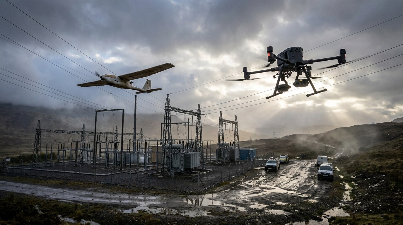 Utility inspection drone flying along high-voltage transmission lines at dawn after a storm, with a substation in the distance