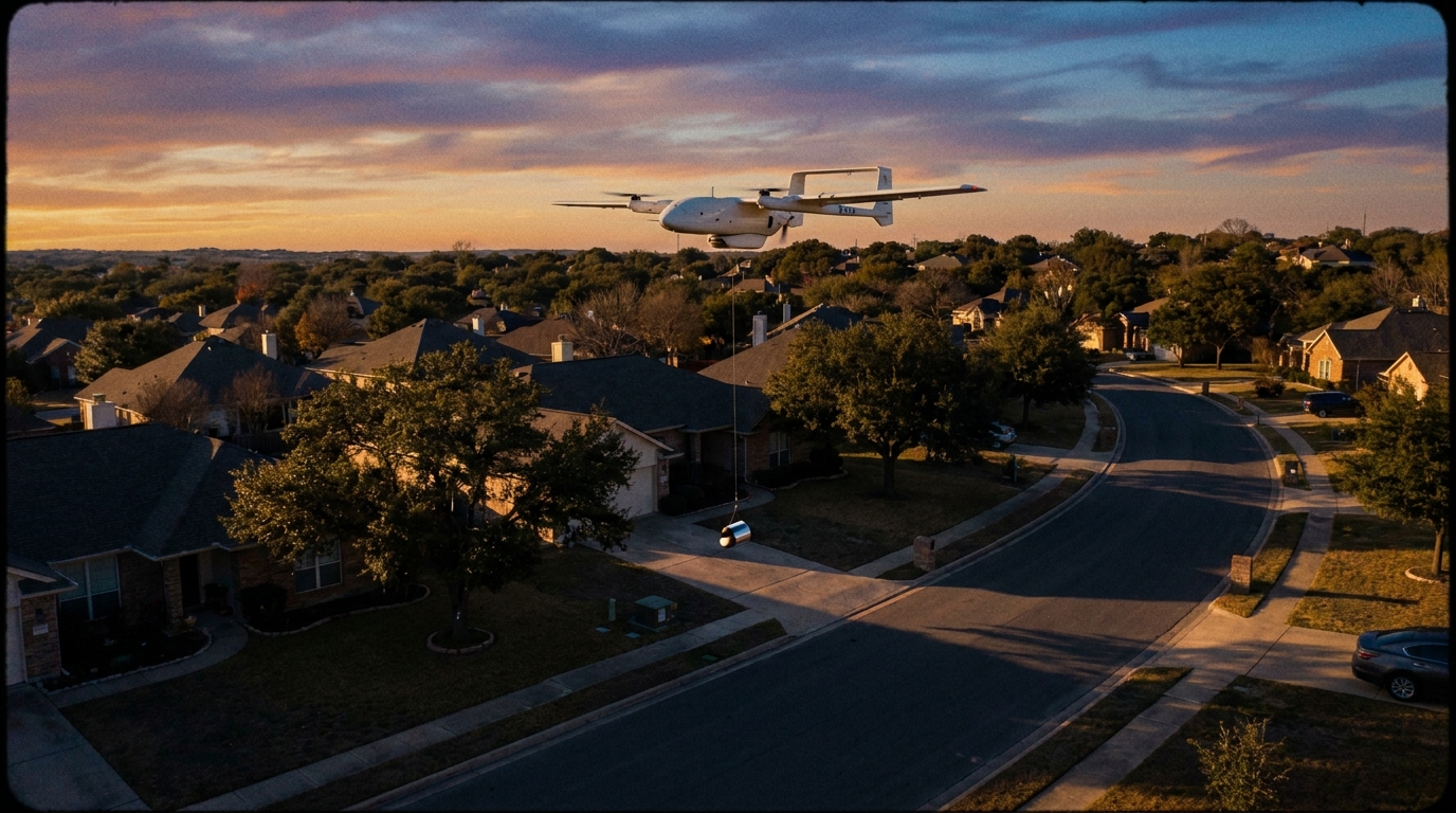 AI-generated editorial illustration of a fixed-wing delivery drone lowering a package pod over a Texas suburban neighborhood at dusk